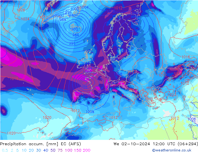 Precipitation accum. EC (AIFS) 星期三 02.10.2024 12 UTC