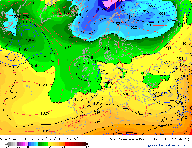 SLP/Temp. 850 hPa EC (AIFS) nie. 22.09.2024 18 UTC