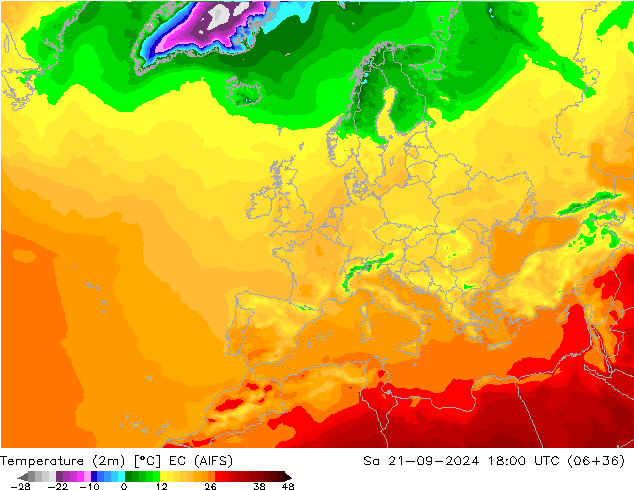 Temperature (2m) EC (AIFS) Sa 21.09.2024 18 UTC