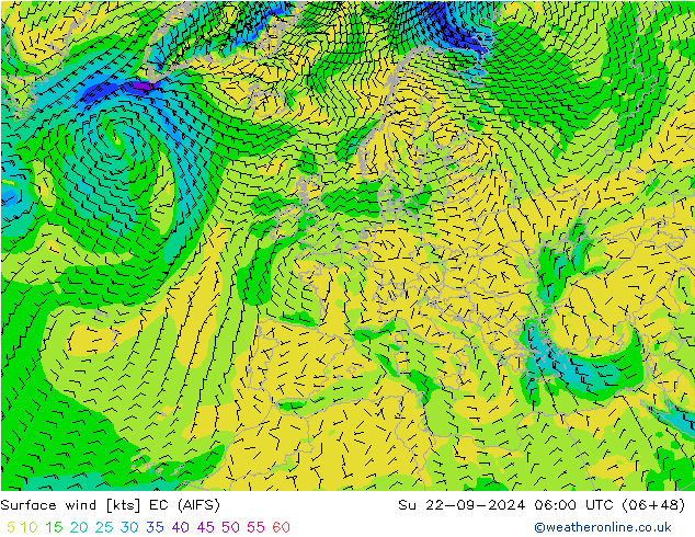 Surface wind EC (AIFS) Su 22.09.2024 06 UTC