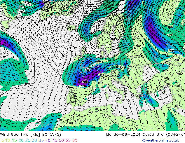 Vent 950 hPa EC (AIFS) lun 30.09.2024 06 UTC