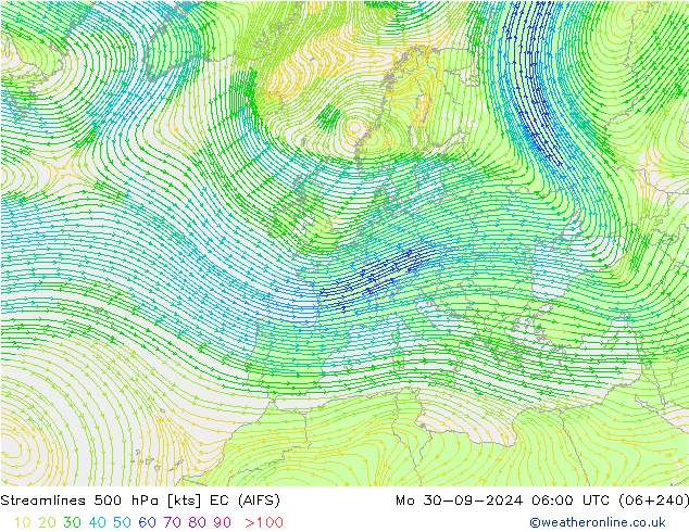 Stromlinien 500 hPa EC (AIFS) Mo 30.09.2024 06 UTC