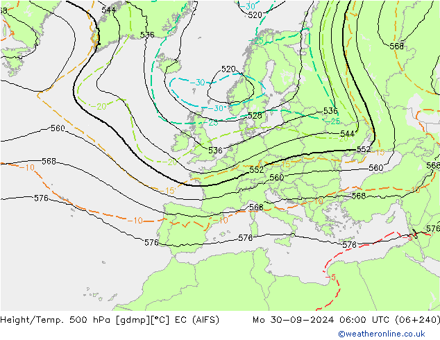 Height/Temp. 500 hPa EC (AIFS) Mo 30.09.2024 06 UTC