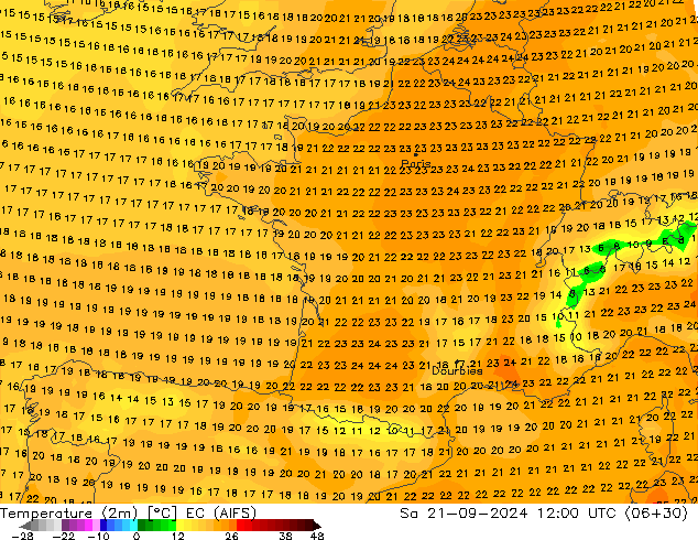 Temperatura (2m) EC (AIFS) sab 21.09.2024 12 UTC