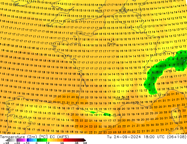 Temperatuurkaart (2m) EC (AIFS) di 24.09.2024 18 UTC