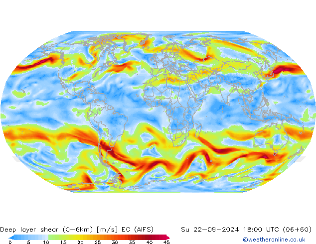 Deep layer shear (0-6km) EC (AIFS) Su 22.09.2024 18 UTC