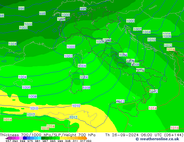 Thck 700-1000 hPa EC (AIFS) Čt 26.09.2024 06 UTC