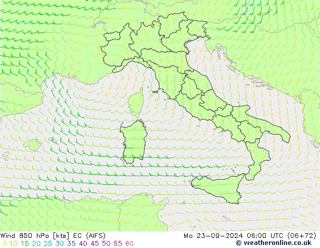 Vent 850 hPa EC (AIFS) lun 23.09.2024 06 UTC