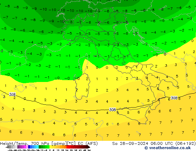 Hoogte/Temp. 700 hPa EC (AIFS) za 28.09.2024 06 UTC