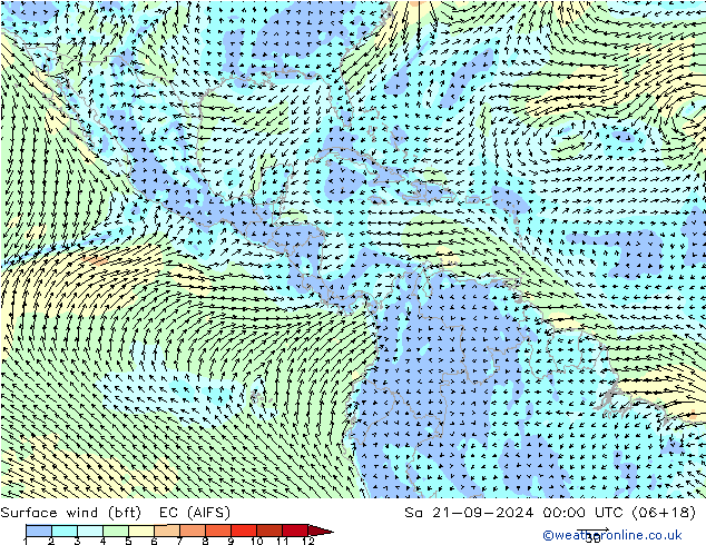 Vent 10 m (bft) EC (AIFS) sam 21.09.2024 00 UTC