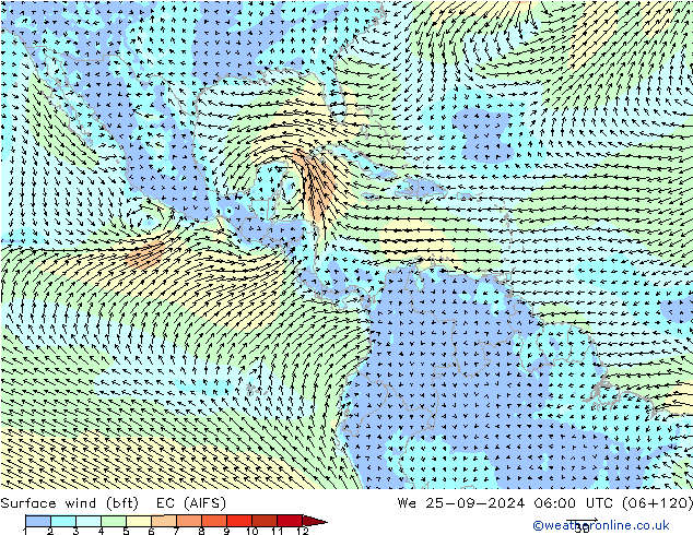 Vento 10 m (bft) EC (AIFS) Qua 25.09.2024 06 UTC