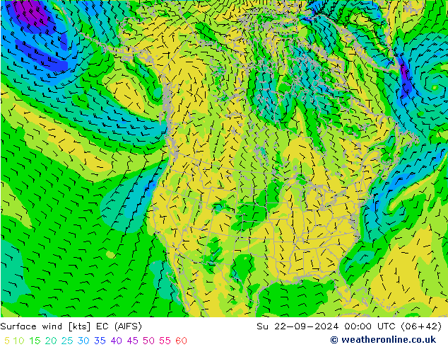 wiatr 10 m EC (AIFS) nie. 22.09.2024 00 UTC