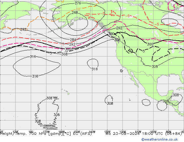 Height/Temp. 700 hPa EC (AIFS) Po 23.09.2024 18 UTC