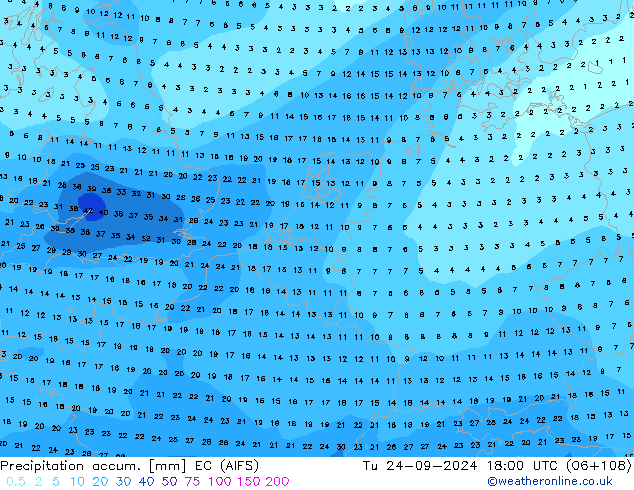 Precipitation accum. EC (AIFS) вт 24.09.2024 18 UTC