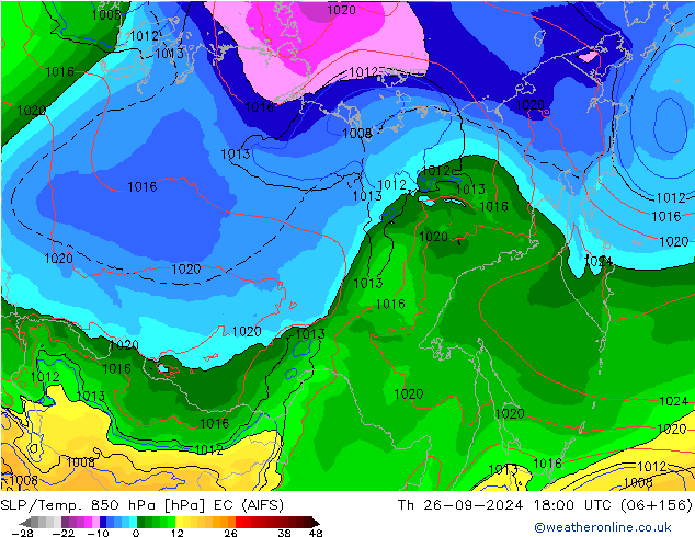 SLP/Temp. 850 hPa EC (AIFS)  26.09.2024 18 UTC