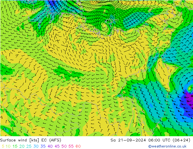 Wind 10 m EC (AIFS) za 21.09.2024 06 UTC