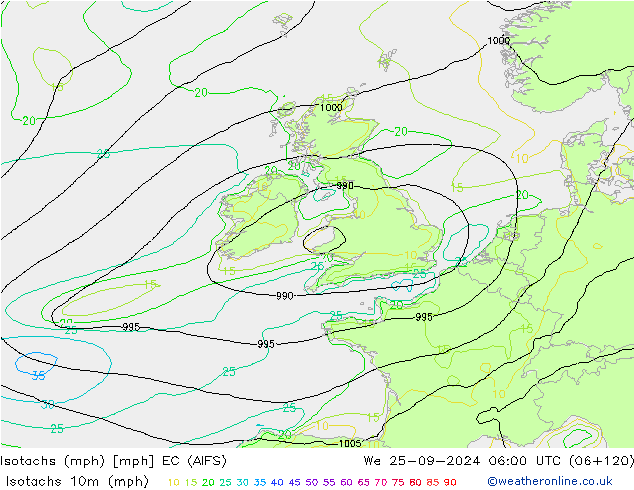 Isotachs (mph) EC (AIFS)  25.09.2024 06 UTC