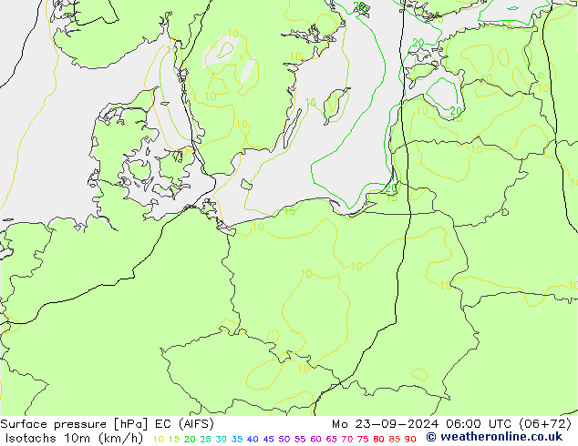 Isotachs (kph) EC (AIFS)  23.09.2024 06 UTC