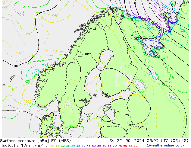 Isotachs (kph) EC (AIFS) Su 22.09.2024 06 UTC