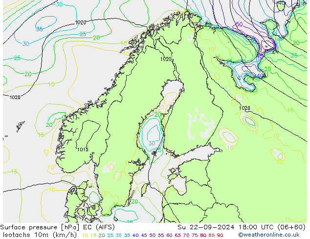 Isotachs (kph) EC (AIFS) Su 22.09.2024 18 UTC