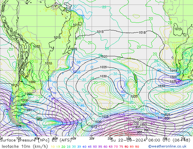 Isotachen (km/h) EC (AIFS) zo 22.09.2024 06 UTC