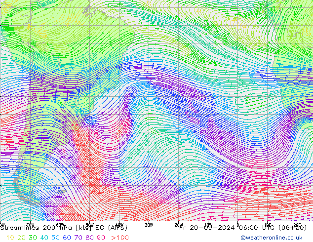 Stroomlijn 200 hPa EC (AIFS) vr 20.09.2024 06 UTC