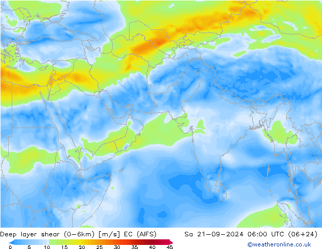 Deep layer shear (0-6km) EC (AIFS)  21.09.2024 06 UTC