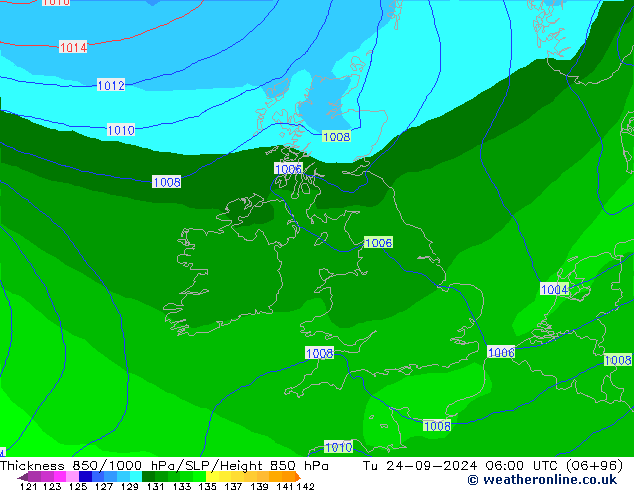 Espesor 850-1000 hPa EC (AIFS) mar 24.09.2024 06 UTC