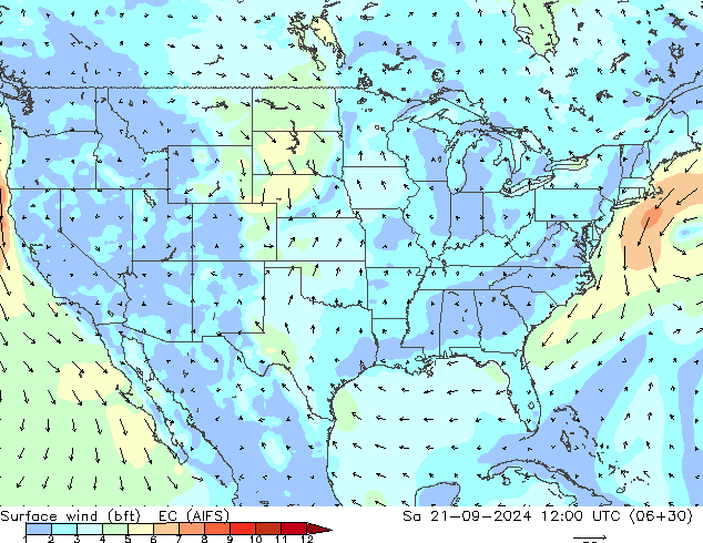 Vent 10 m (bft) EC (AIFS) sam 21.09.2024 12 UTC