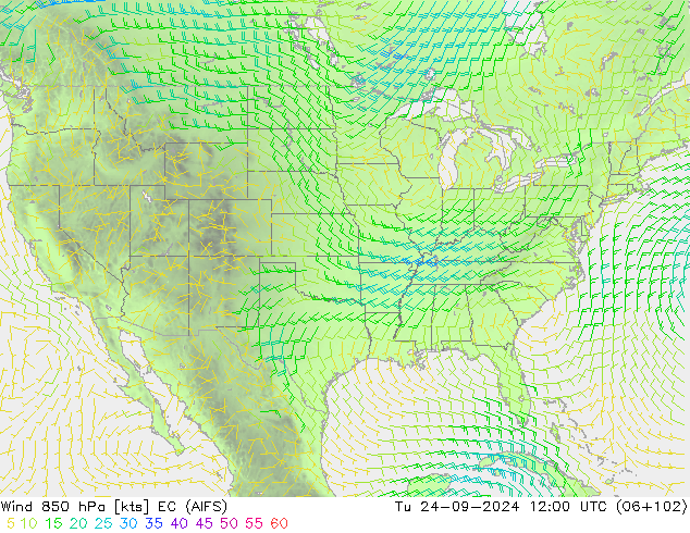 Wind 850 hPa EC (AIFS) Tu 24.09.2024 12 UTC