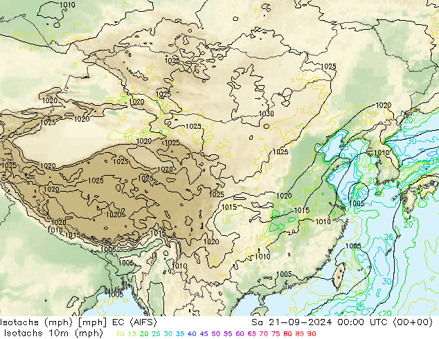 Isotachs (mph) EC (AIFS) 星期六 21.09.2024 00 UTC