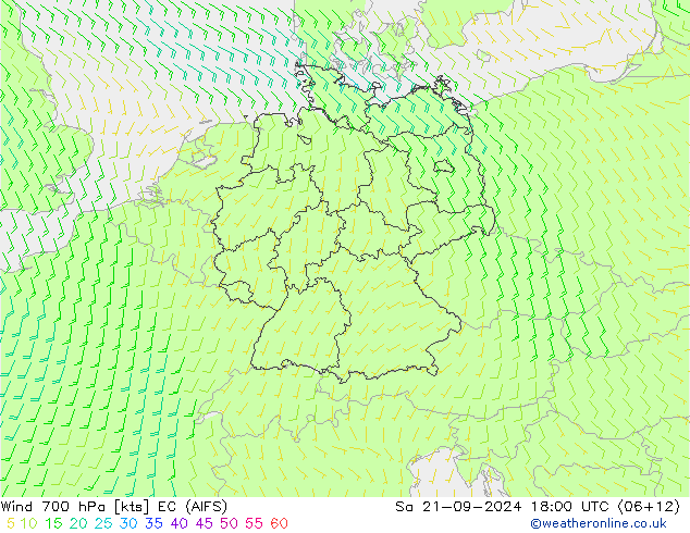 风 700 hPa EC (AIFS) 星期六 21.09.2024 18 UTC