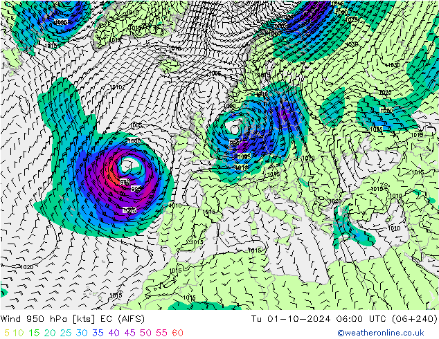 Wind 950 hPa EC (AIFS) Tu 01.10.2024 06 UTC