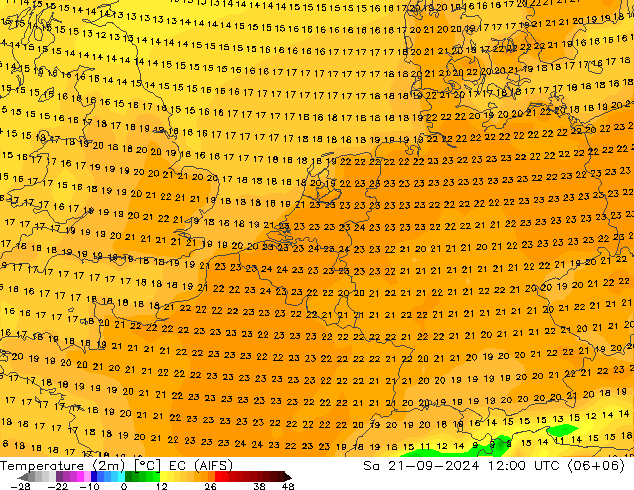 Temperaturkarte (2m) EC (AIFS) Sa 21.09.2024 12 UTC