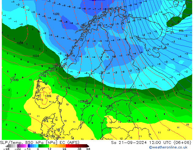 SLP/Temp. 850 hPa EC (AIFS) 星期六 21.09.2024 12 UTC