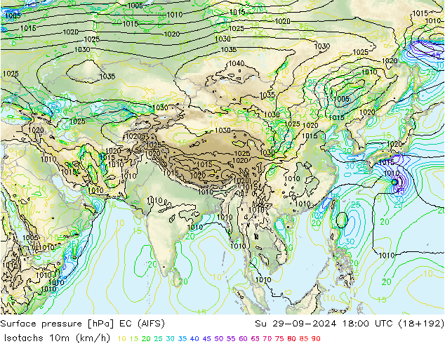 Isotachen (km/h) EC (AIFS) So 29.09.2024 18 UTC