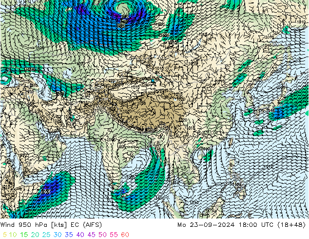 Wind 950 hPa EC (AIFS) ma 23.09.2024 18 UTC