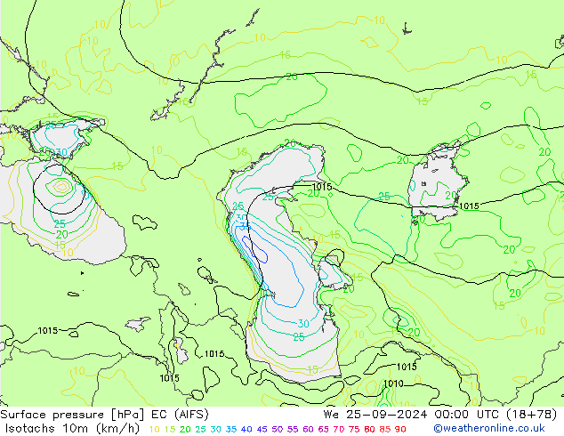 Isotachs (kph) EC (AIFS) We 25.09.2024 00 UTC