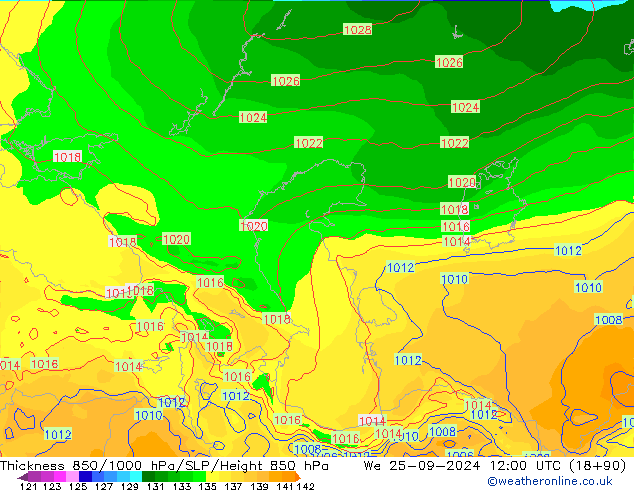 Thck 850-1000 hPa EC (AIFS) mer 25.09.2024 12 UTC