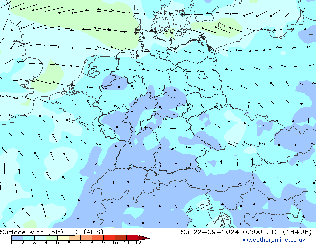 Wind 10 m (bft) EC (AIFS) zo 22.09.2024 00 UTC