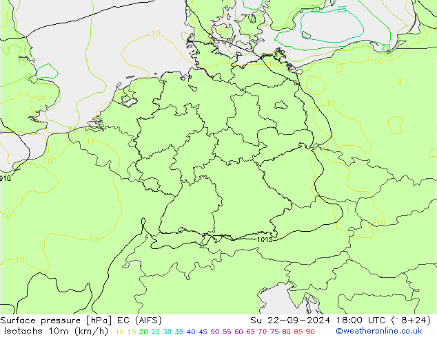 Isotachen (km/h) EC (AIFS) So 22.09.2024 18 UTC