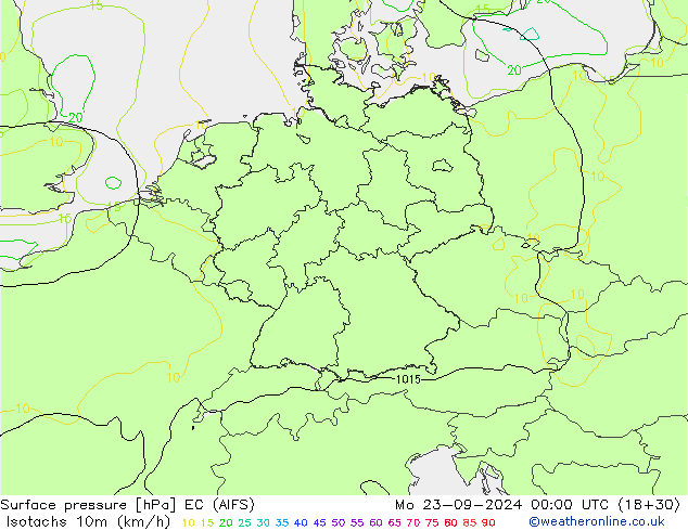 Isotachen (km/h) EC (AIFS) ma 23.09.2024 00 UTC