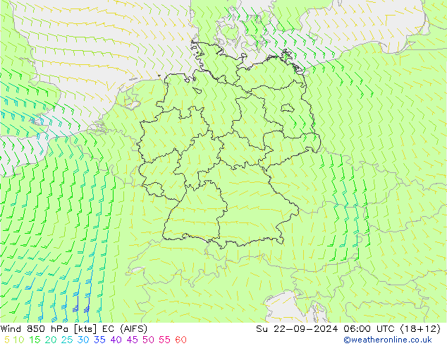 Wind 850 hPa EC (AIFS) Su 22.09.2024 06 UTC