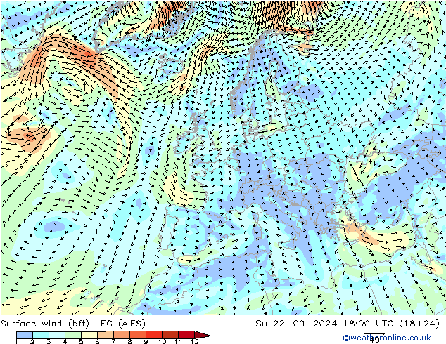 Surface wind (bft) EC (AIFS) Ne 22.09.2024 18 UTC