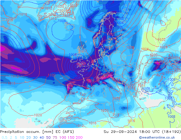 Precipitation accum. EC (AIFS) Su 29.09.2024 18 UTC