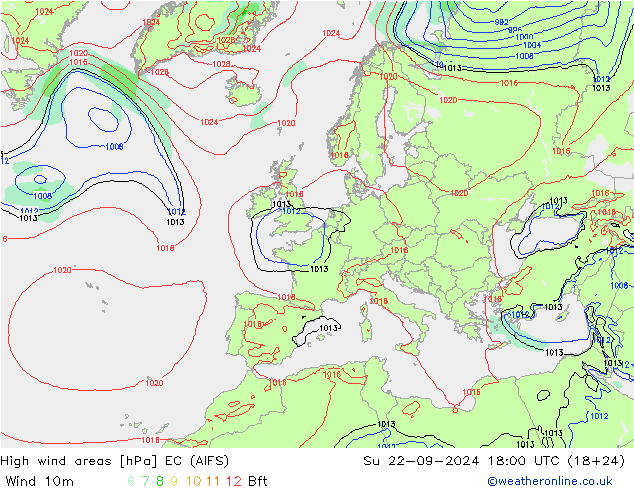 High wind areas EC (AIFS) 星期日 22.09.2024 18 UTC