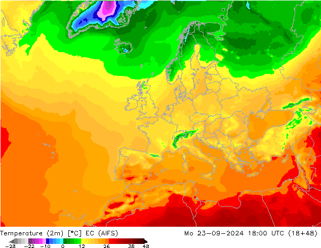 Temperaturkarte (2m) EC (AIFS) Mo 23.09.2024 18 UTC