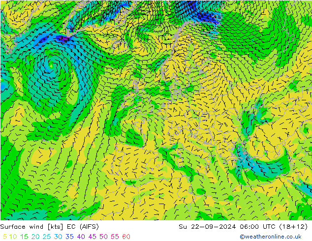 Surface wind EC (AIFS) Su 22.09.2024 06 UTC