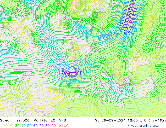 Stromlinien 500 hPa EC (AIFS) So 29.09.2024 18 UTC