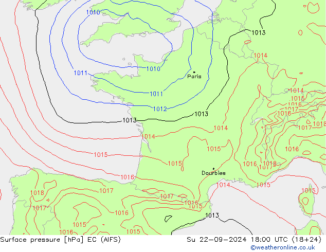 Atmosférický tlak EC (AIFS) Ne 22.09.2024 18 UTC